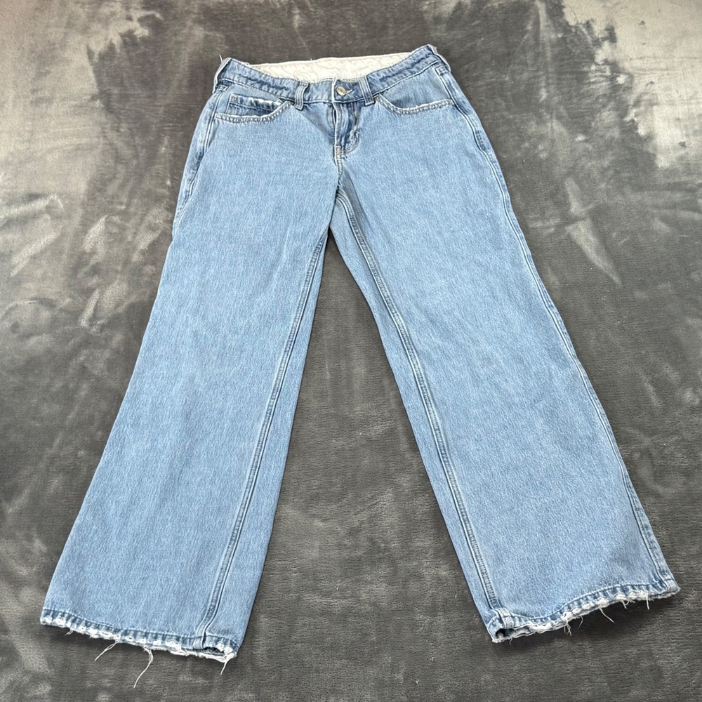 Hollister Low Rise Baggy Jeans Womens 00R W24 Light Wash Wide Leg Distressed Hem